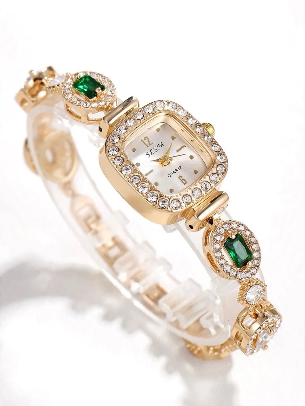 Gold-Tone Watch and Jewelry Set with Emerald Green Crystals - Picture 6 of 6